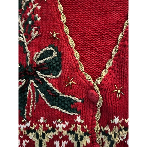Vintage Christmas Sweater Vest Womens Large Beaded Embroidery Button Up Knit - Picture 3 of 10
